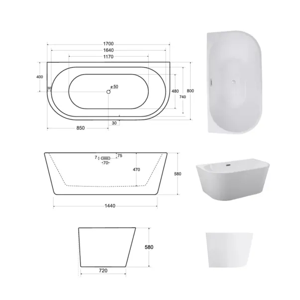 Cada freestanding Besco Vica 170x80 cm alb lipita de perete, BTW [3]