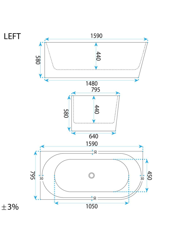 Cada freestanding cu ventil negru Rea SYDNEY BELLANTO stanga 160 cm alb [8]
