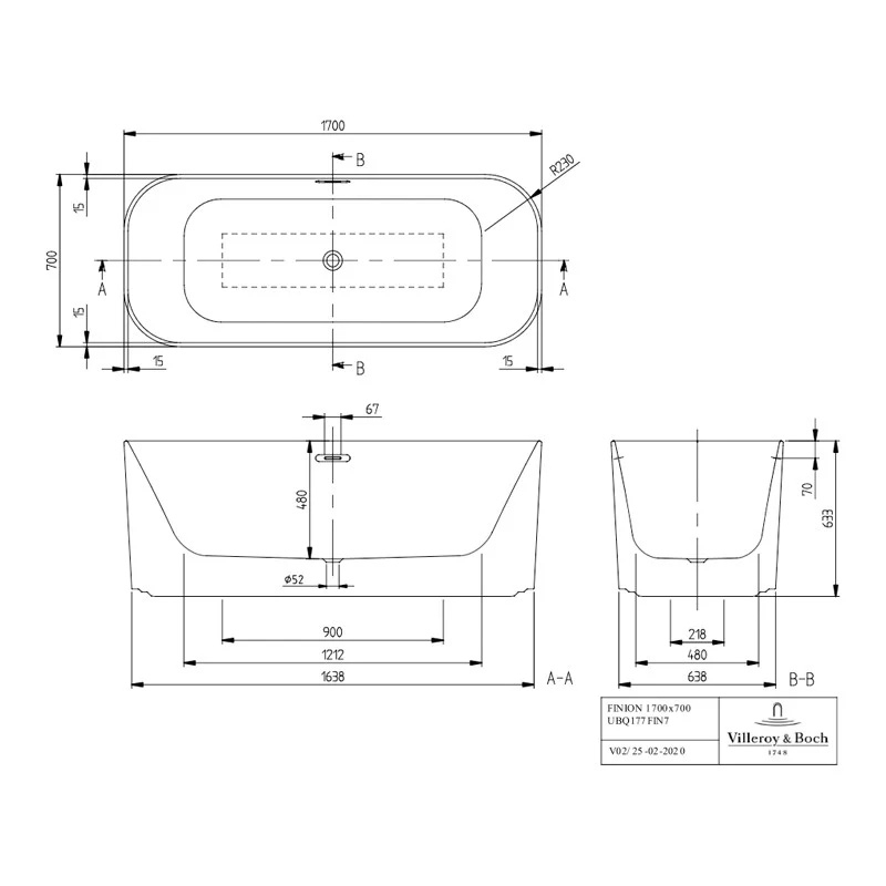 Cadă freestanding, Finion, Villeroy&Boch, cu lumini led și instalație Push-to-Open, 170 x 70 cm, alb [3]
