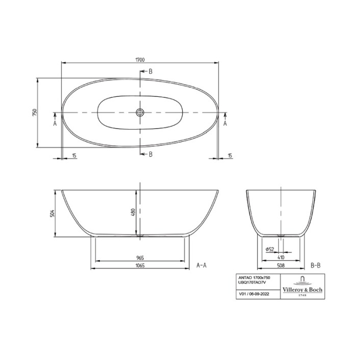 Cada freestanding Villeroy & Boch, Antao, 170, ovala, alb [2]