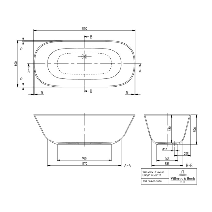 Cadă freestanding, Villeroy & Boch, Theano, 175 cm, alb [2]