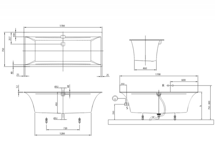 Cada pentru inzidire, 170 x 75 cm, alb, Squaro Edge [2]
