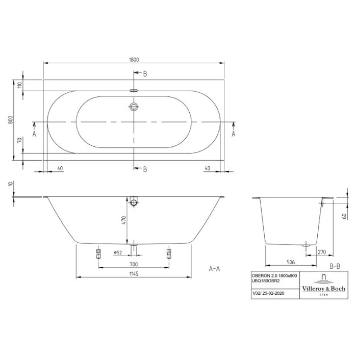 Cada pentru inzidire Villeroy & Boch, Oberon, dreptunghiulara, 180 x 80 cm, alb alpin [2]
