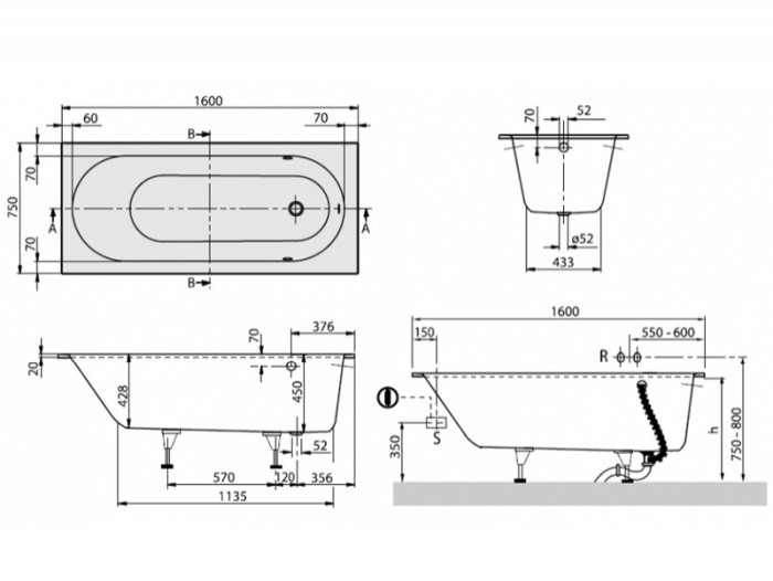 Cada Villeroy &amp; Boch, Oberon, pentru inzidire, dreptunghiulara, 160 x 75 cm, alb alpin [2]