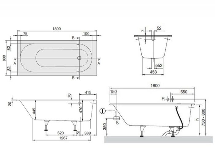Cada Villeroy &amp; Boch, Oberon, pentru inzidire, dreptunghiulara, 180 x 80 cm, alb alpin [2]