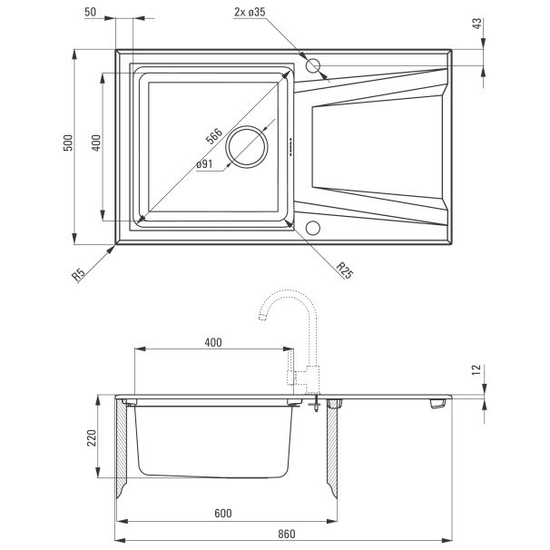 Chiuveta Deante Prime din granit antracit, cu cuva din inox 86x50 cm [2]