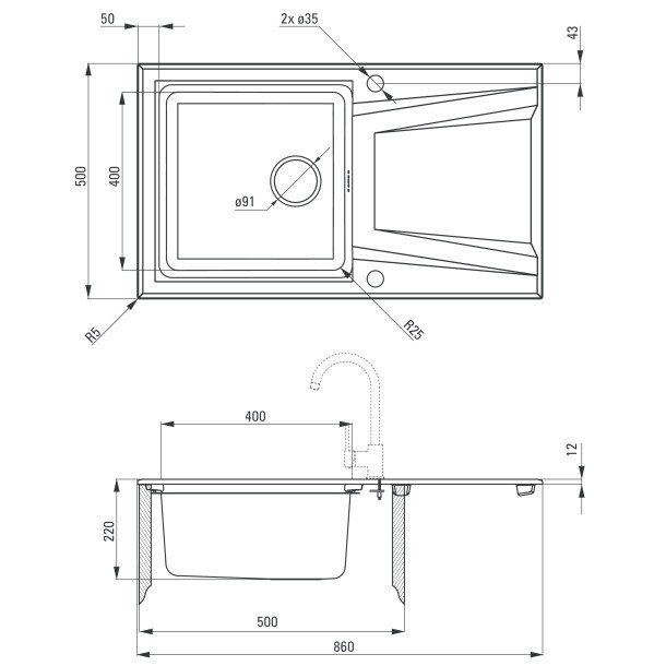 Chiuveta Deante Prime din granit negru, cu cuva din inox 86x50 cm [4]