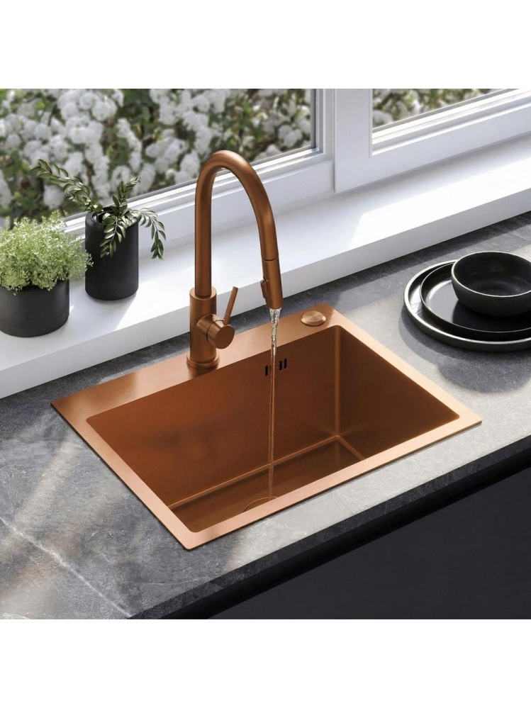 Chiuveta otel inoxidabil REA Liam cupru periat 580x450x185mm cu set accesorii bambus scurgator [3]