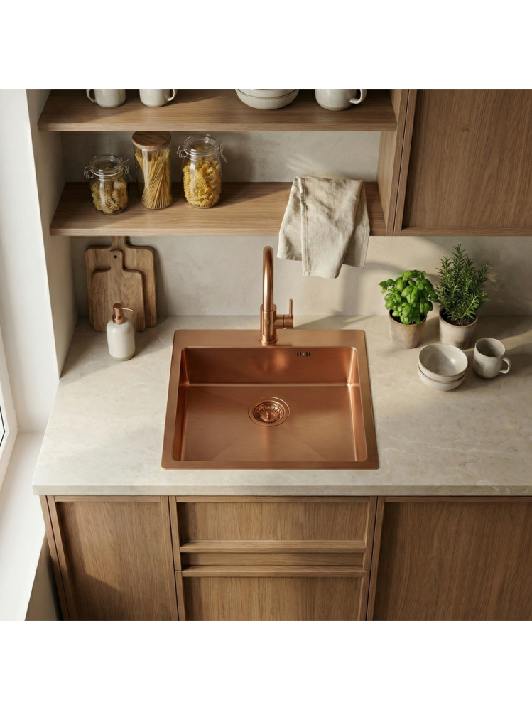 Chiuvetă inox Leo 50x45 cm cu baterie cupru periat [4]