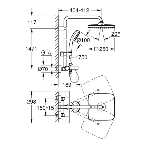 Coloana de dus cu baterie termostatata si pipa cada Grohe Tempesta Cosmopolitan 250 Cube [2]