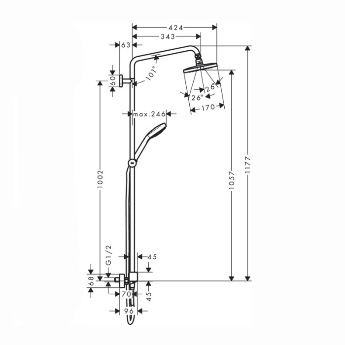 Coloana de dus Hansgrohe, Croma E 280, cu baterie de dus termostatata, 1 jet, crom [3]