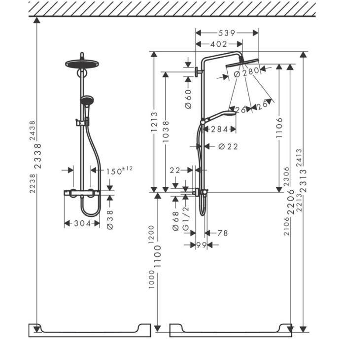 Coloana de dus negru mat, cu baterie termostatata, Hansgrohe, Croma Select S, cu bara si suport dus [4]