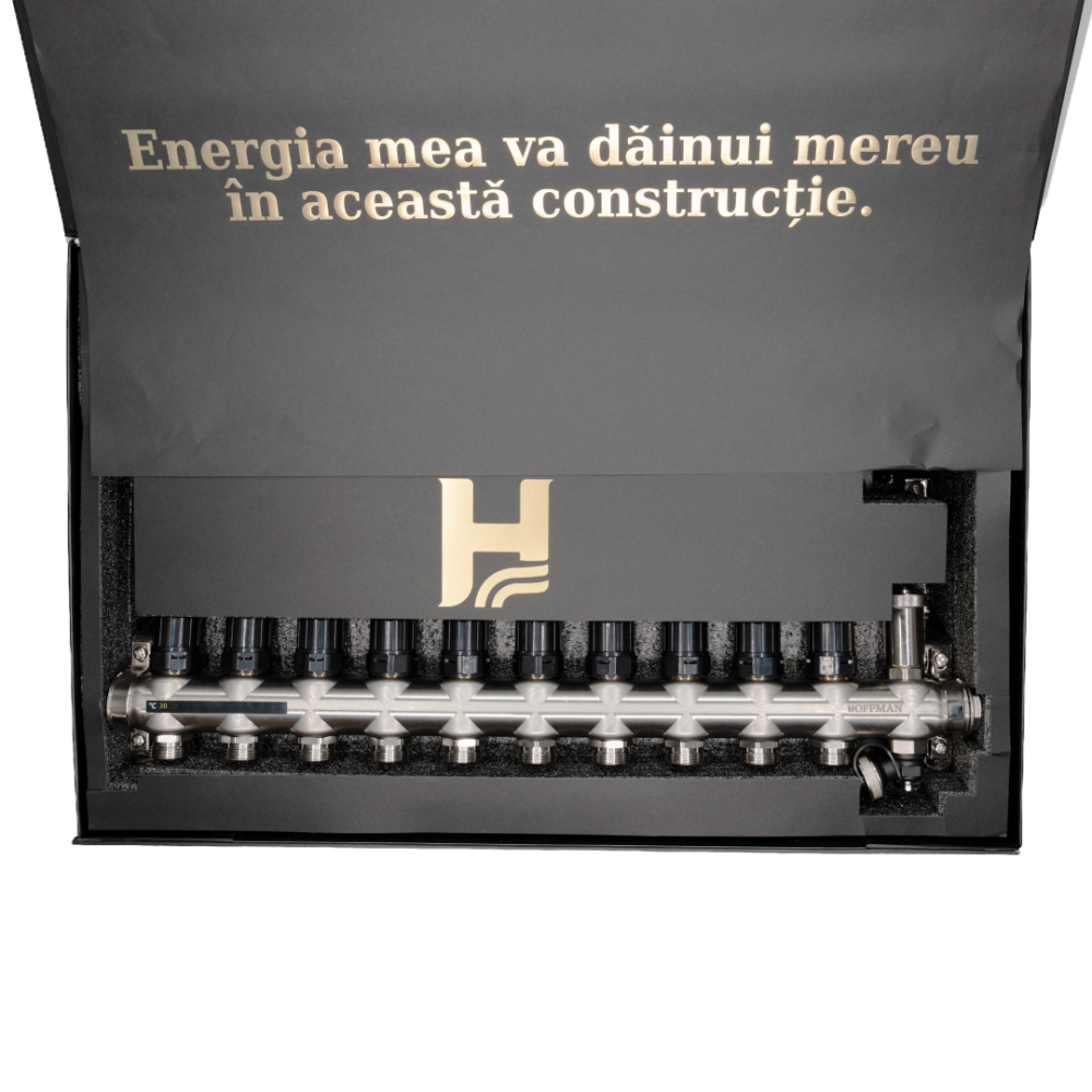 Distribuitor cu debitmetru 10 căi (1″ x 3/4″), aerisitor si robinet golire, Hoffman Underfloor Heating [3]