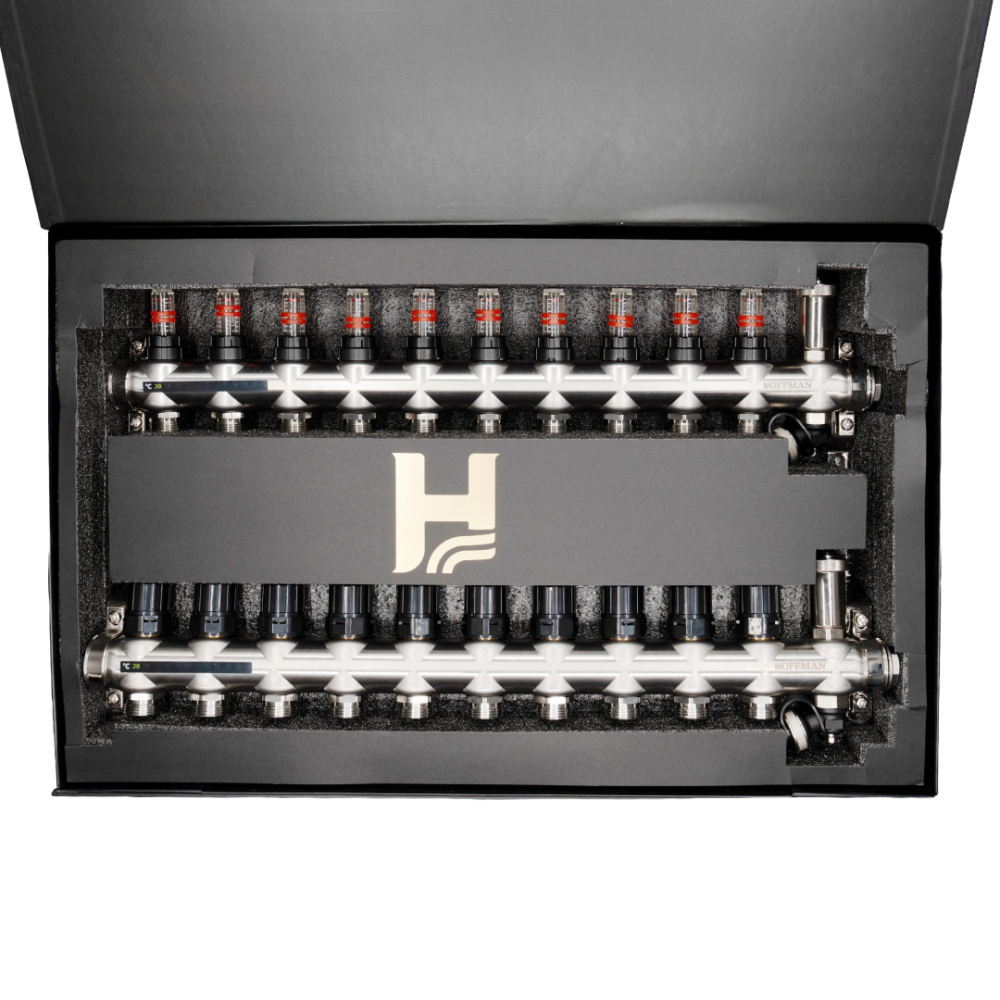 Distribuitor cu debitmetru 10 căi (1″ x 3/4″), aerisitor si robinet golire, Hoffman Underfloor Heating [2]