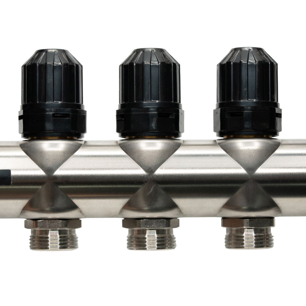 Distribuitor cu debitmetru 3 căi (1″ x 3/4″), aerisitor si robinet golire, Hoffman Underfloor Heating [11]