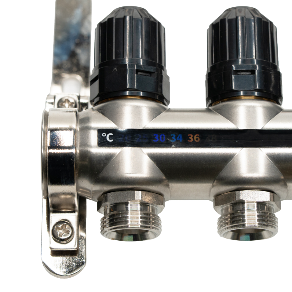 Distribuitor cu debitmetru 9 căi (1″ x 3/4″), aerisitor si robinet golire, Hoffman Underfloor Heating [11]