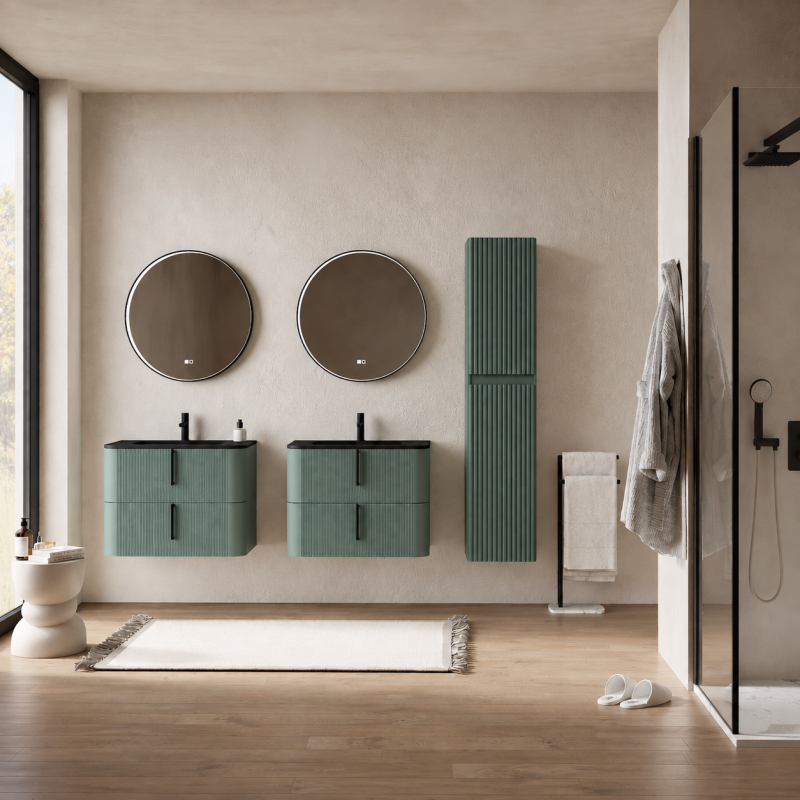 Dulap baie suspendat Fluminia Pisa, front riflat, 2 uși Soft Close, MDF, 31,4 x 31,5 x 130 cm, verde Italia [2]