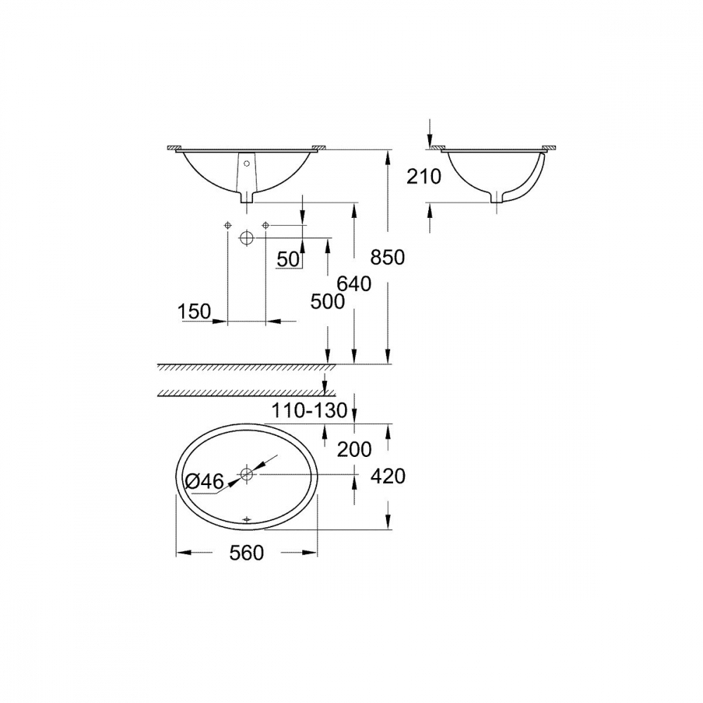 Grohe Bau Ceramic lavoar 56x42 cm ovale sub blat alb 39423000 [2]
