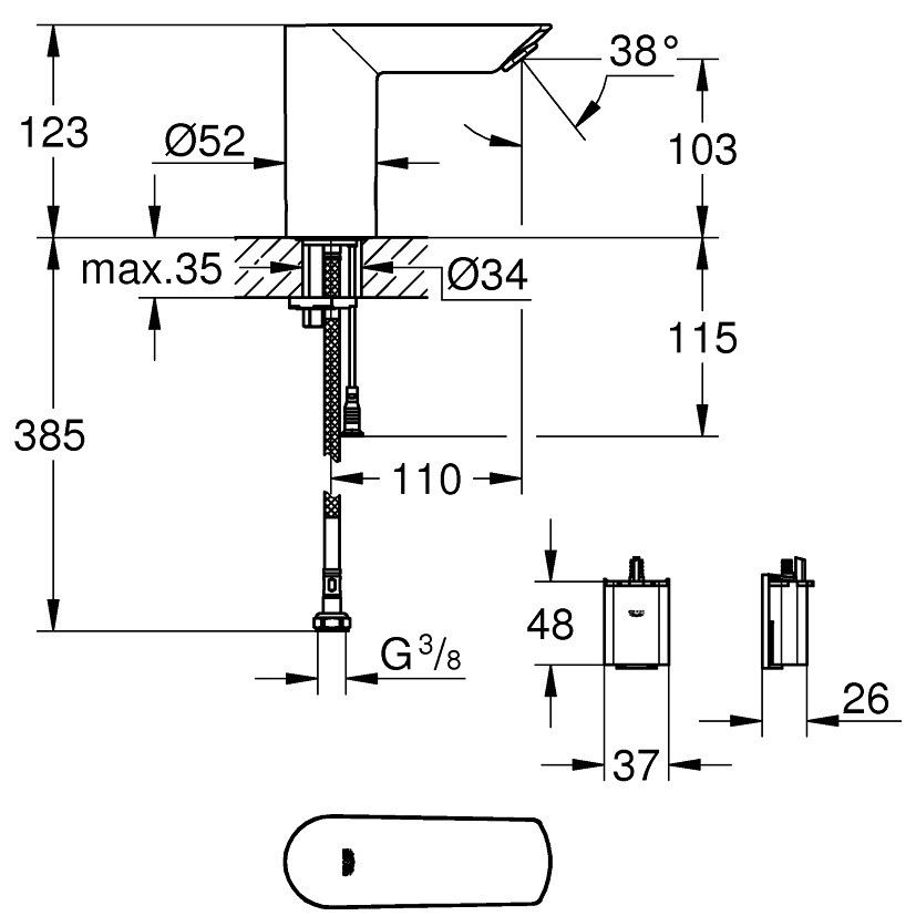 Grohe Bau Cosmopolitan E Baterie lavoar electronica fara mixare apa, alimentare baterii [2]