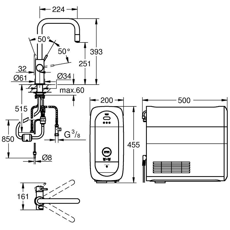 Grohe Blue Home Ondus Baterie de bucatarie cu sistem de filtrare, racire si acidulare, pipa U si dus extractibil, crom [2]