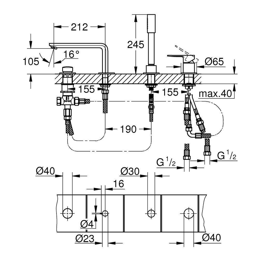 Grohe Lineare Baterie cada dus monocomanda si set dus, 4 orificii, crom [2]