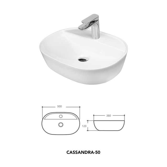 Lavoar pe blat Fluminia, Cassandra 50, oval, 50 x 38 cm, alb [2]