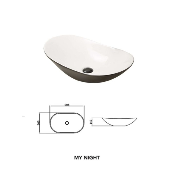 Lavoar pe blat Fluminia, My night, oval, 60.5 x 36 cm, alb-negru [2]