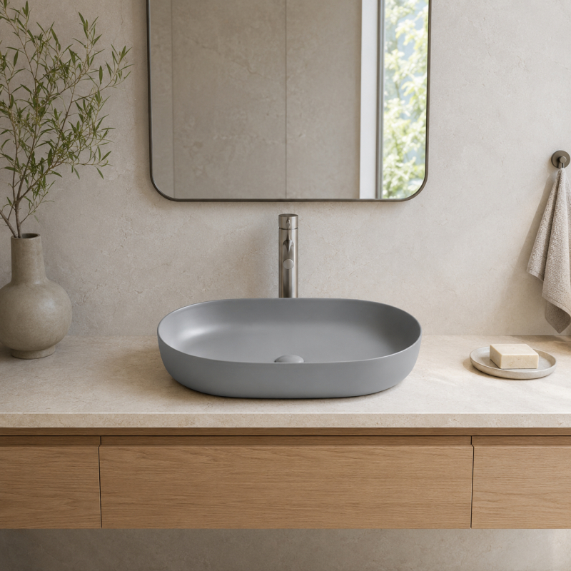 Lavoar pe blat Fluminia, Odera Slim, oval, 60 x 41.5 cm, gri deschis [2]