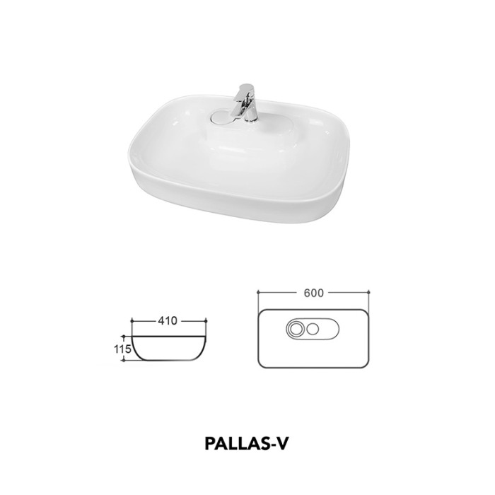 Lavoar pe blat, Fluminia, Pallas-V, dreptunghiular cu colturi rotunjite, 60 x 41 cm, cu capac pentru ventil, alb [2]
