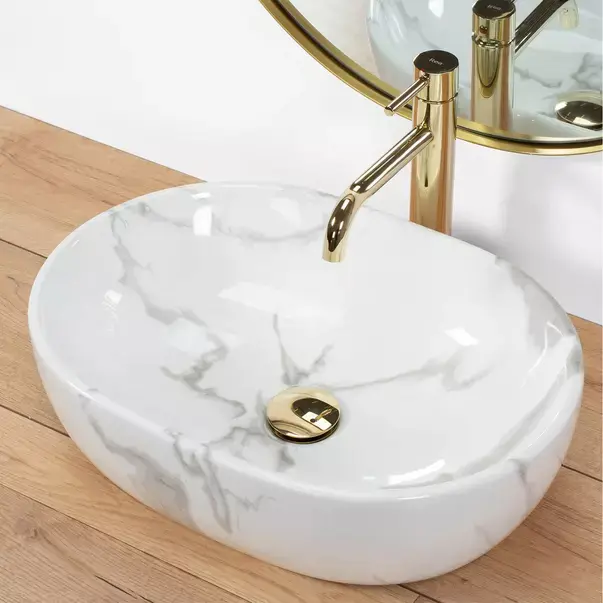Lavoar pe blat Rea Amelia oval finisaj alb marmura lucios 48 cm [2]