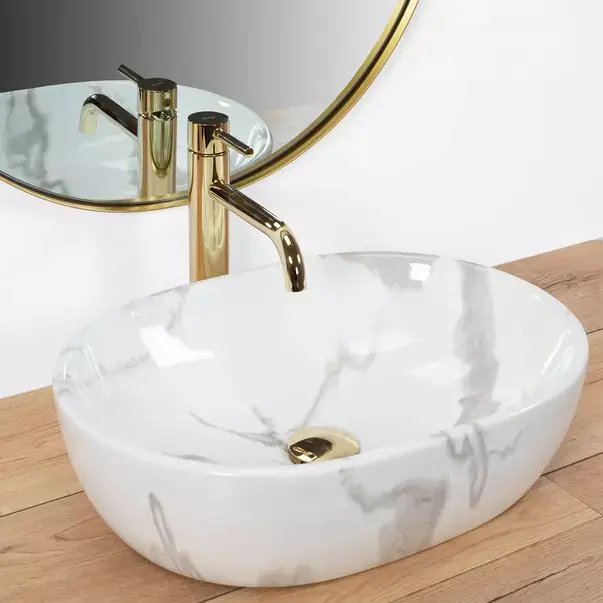 Lavoar pe blat Rea Amelia oval finisaj alb marmura lucios 48 cm [3]