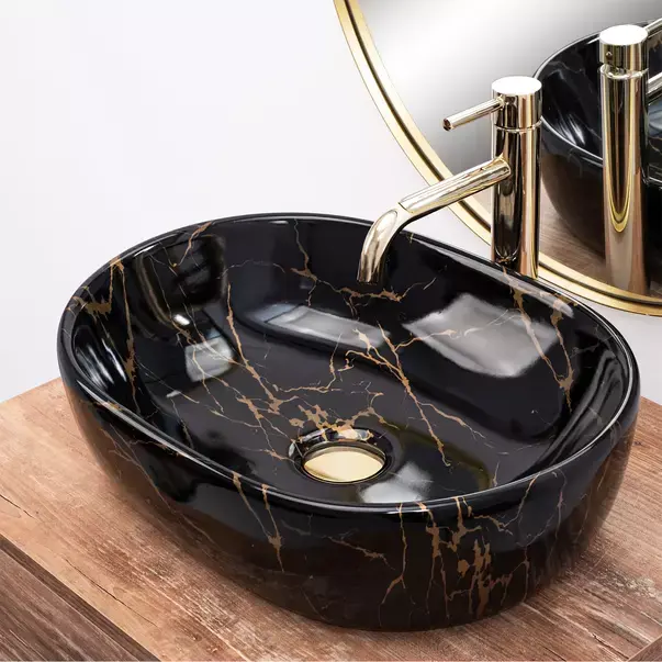 Lavoar pe blat Rea Amelia oval finisaj negru marmura lucios 48 cm [1]
