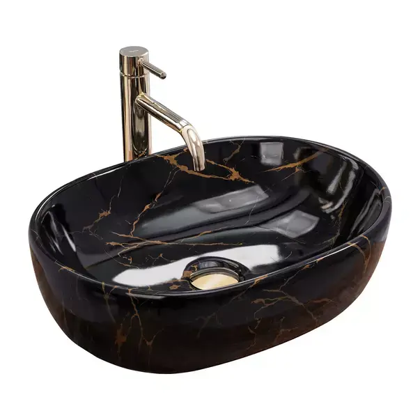 Lavoar pe blat Rea Amelia oval finisaj negru marmura lucios 48 cm [2]