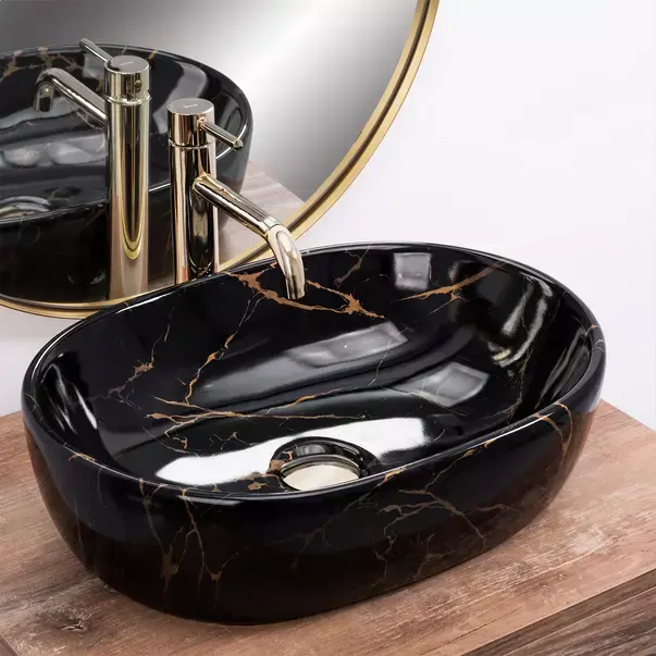 Lavoar pe blat Rea Amelia oval finisaj negru marmura lucios 48 cm [5]
