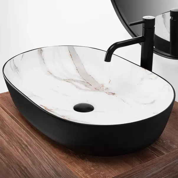 Lavoar pe blat Rea Cleo Aiax oval finisaj alb piatra - negru mat 60 cm [3]