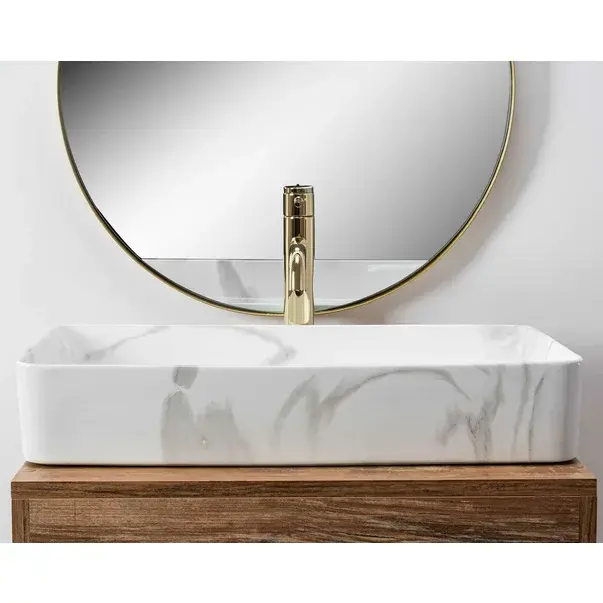 Lavoar pe blat Rea Denis 61 cm alb lucios stil marmura [4]