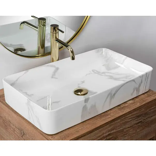 Lavoar pe blat Rea Denis 61 cm alb lucios stil marmura [3]