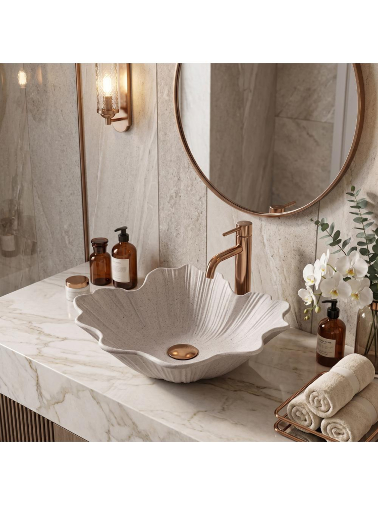Lavoar pe blat Rea Flower Beige piatră compozită mat 475x400 mm formă neconvențională [6]