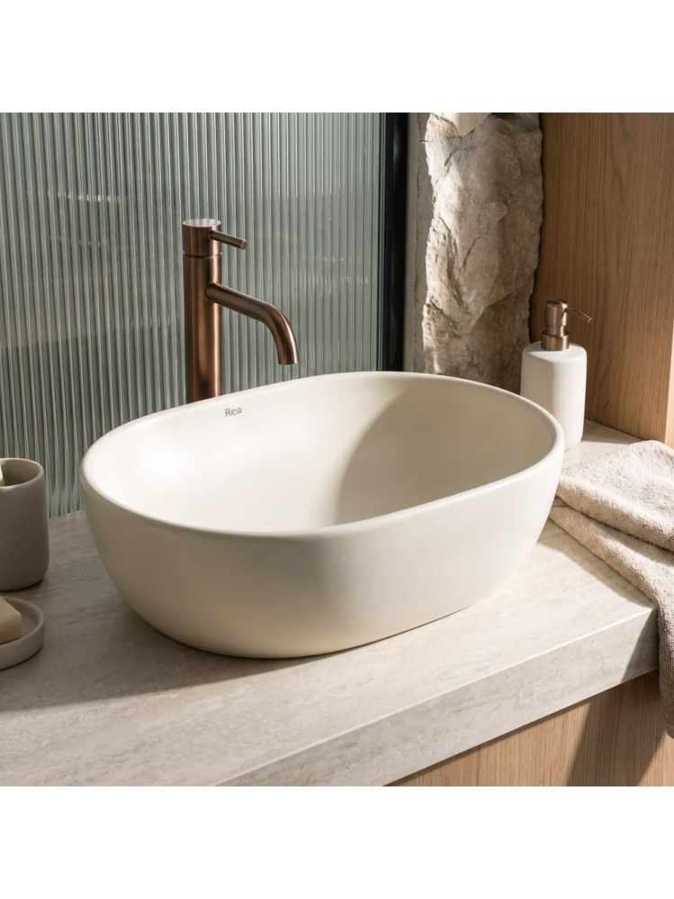 Lavoar pe blat Rea Focus Creme mat ecru oval 480x345 mm ceramica sanitara [5]