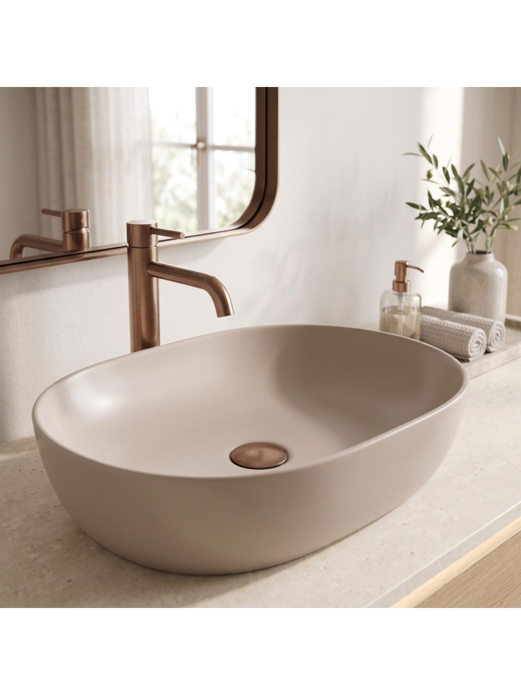 Lavoar pe blat Rea Lisa Mocca Matt oval ceramica sanitara 490x350 mm finisaj mat bej [8]