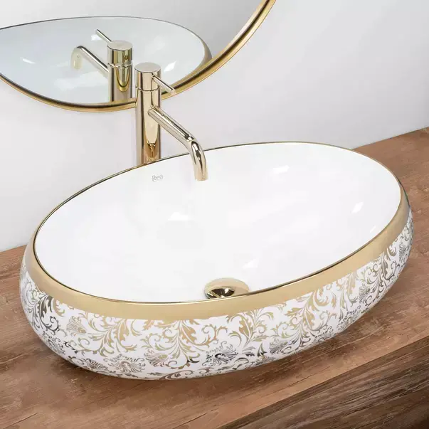 Lavoar pe blat Rea Melania Meryl oval finisaj alb - auriu 60 cm [2]