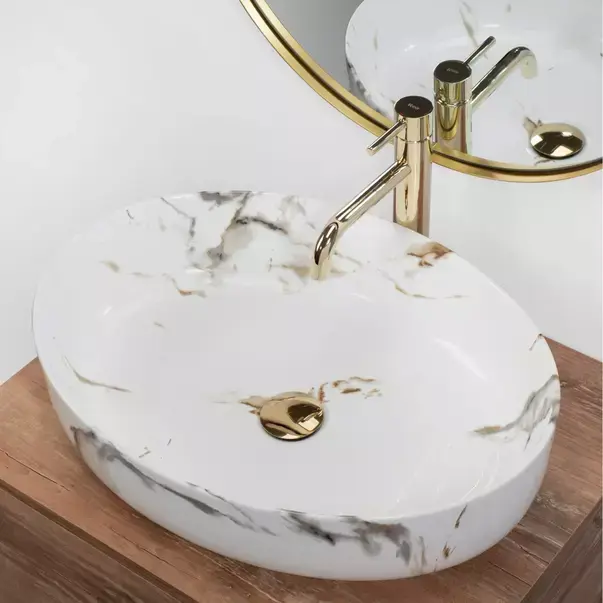 Lavoar pe blat Rea Queen Carrara oval finisaj alb marmura lucios 55 cm [3]
