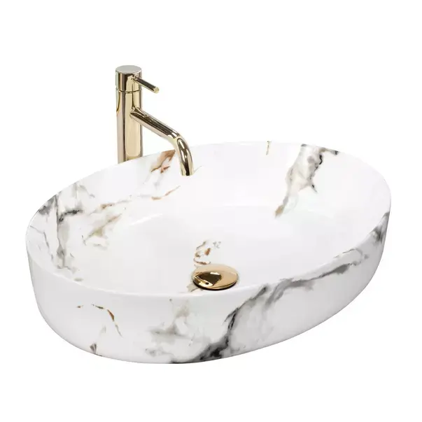 Lavoar pe blat Rea Queen Carrara oval finisaj alb marmura lucios 55 cm [2]