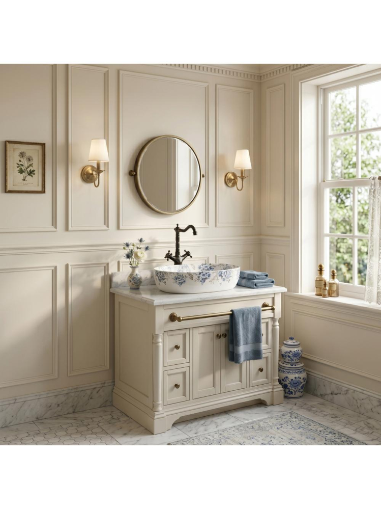 Lavoar pe blat Rea Veronica Mat 485x350 mm ceramica sanitara forma ovala model floral [5]