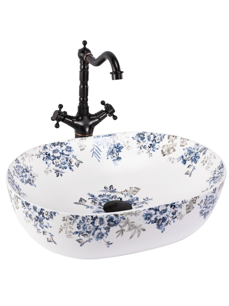Lavoar pe blat Rea Veronica Mat 485x350 mm ceramica sanitara forma ovala model floral [11]
