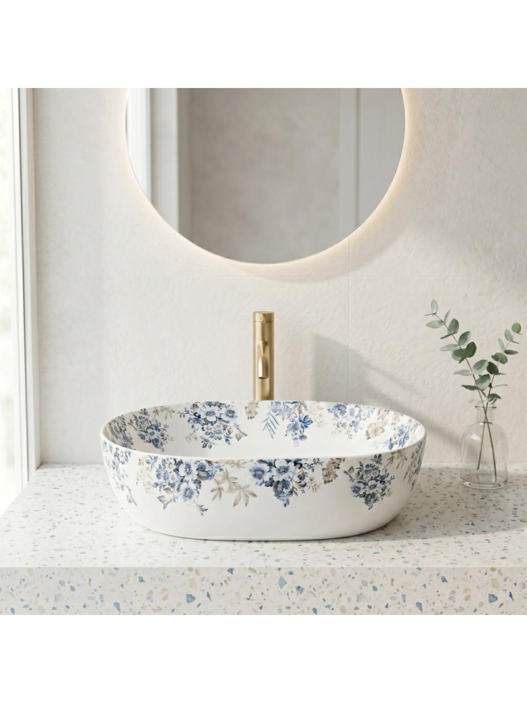 Lavoar pe blat Rea Veronica Mat 485x350 mm ceramica sanitara forma ovala model floral [6]