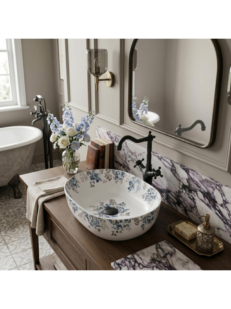 Lavoar pe blat Rea Veronica Mat oval ceramica 485x350 mm model floral [7]