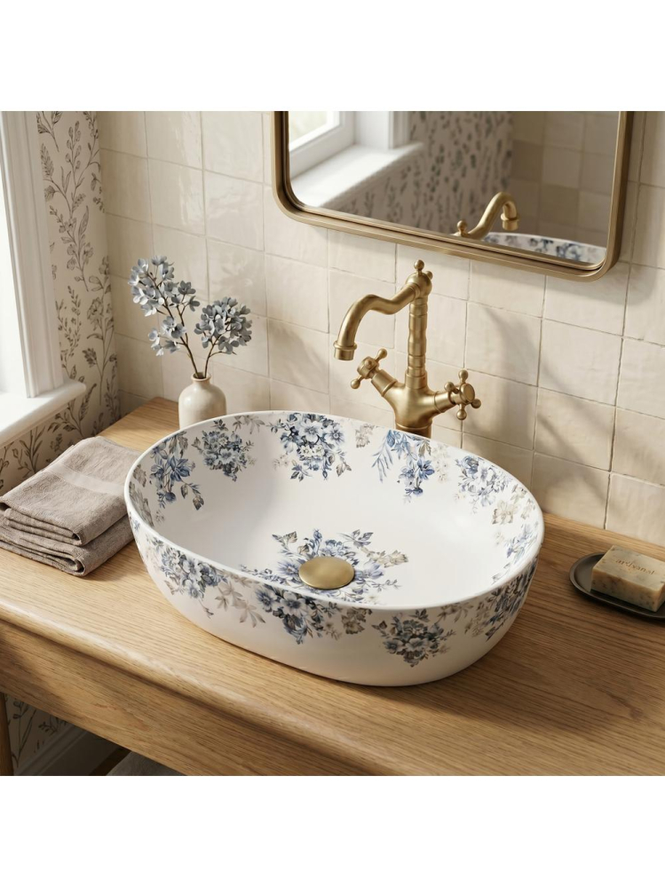 Lavoar pe blat Rea Veronica Mat oval ceramica 485x350 mm model floral [4]