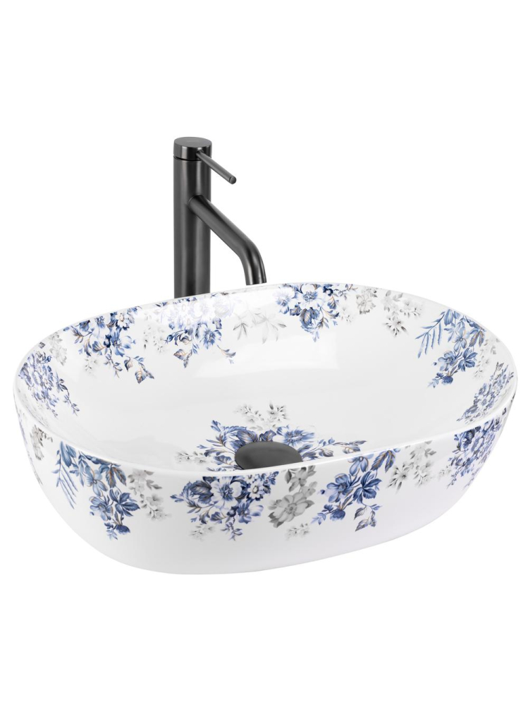 Lavoar pe blat Veronica Shiny Rea oval ceramica lucioasa 485x350 mm model floral [10]