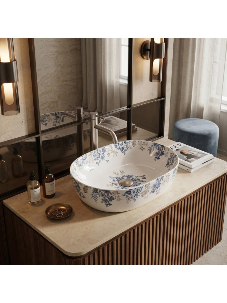 Lavoar pe blat Veronica Shiny Rea oval ceramica lucioasa 485x350 mm model floral [5]